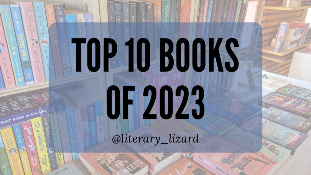 Text overtop a picture of books. It says "top 10 books of 2023"